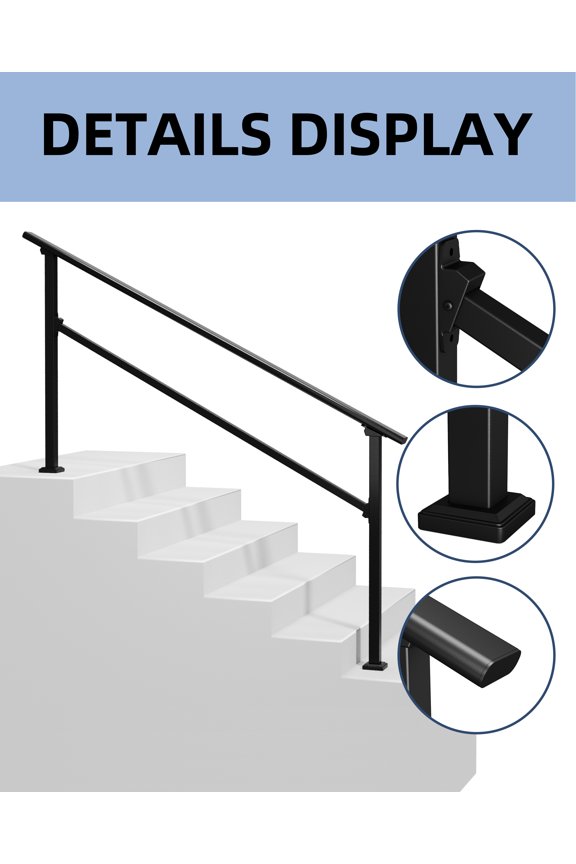 6 Step Outdoor Step Railing, Aluminum Alloy Handrail Combined with Iron Post, Matte Black Finish, Complete Installation Hardware Set