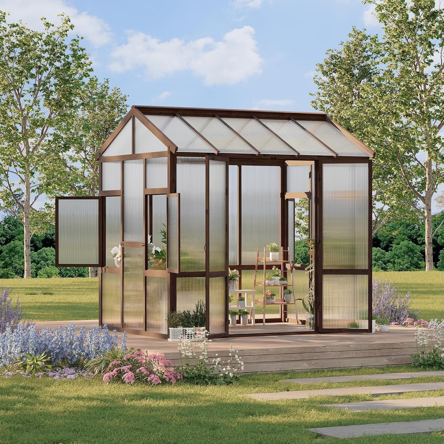 Senfot 6 x 8ft Walk-in Wooden Greenhouse Heavy-Duty Cedar Frame 6mm Polycarbonate Panels Ventilated Window Lockable Door for Outdoor Backyard Patio Garden Plant Growing