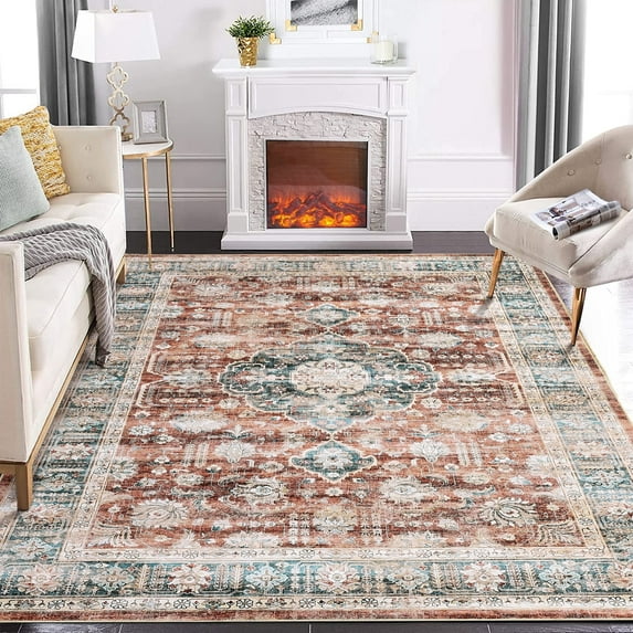 Senfot 6 x 9 Boho Floral Vintage Area Rug, Distressed Washable Carpet, Foldable Anti-Slip Stain-Resistant Floor Cover for Living Room, Bedroom Brick Red