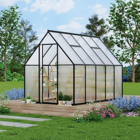 Senfot 6 x 9ft Walk-in Greenhouse Heavy-Duty Aluminum Frame Polycarbonate Panels Quick Setup Roof Vent Large Outdoor Greenhouse Kit for Garden Backyard Black