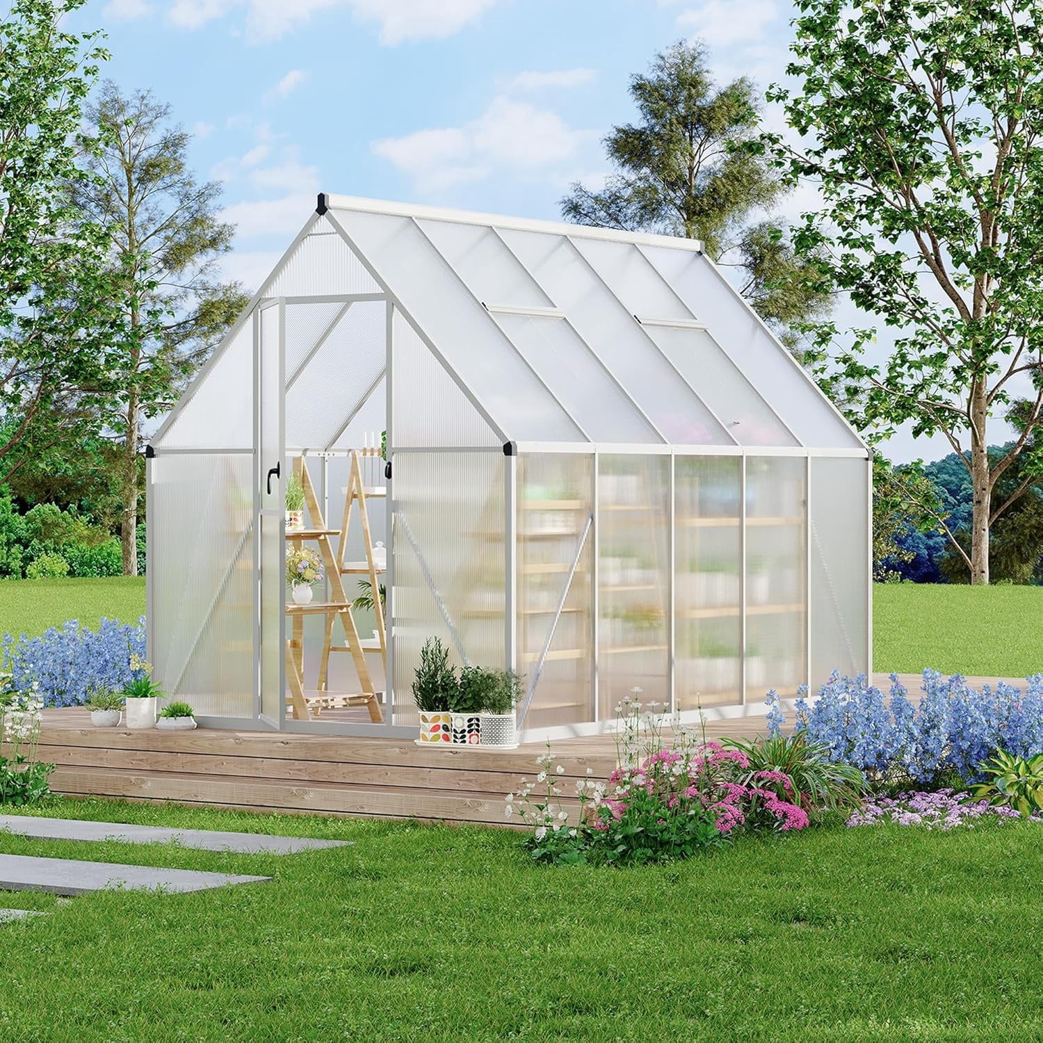Senfot 6 x 9ft Walk-in Greenhouse Heavy-Duty Aluminum Frame Polycarbonate Panels Quick Setup Roof Vent Large Outdoor Greenhouse Kit for Garden Backyard Clear