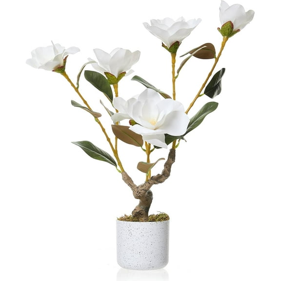 Senfot 60cm Single White Artificial Magnolia Tree PEVA Polyester Fabric Small Fake Blossom Plant Table Shelf Desktop Home Decor