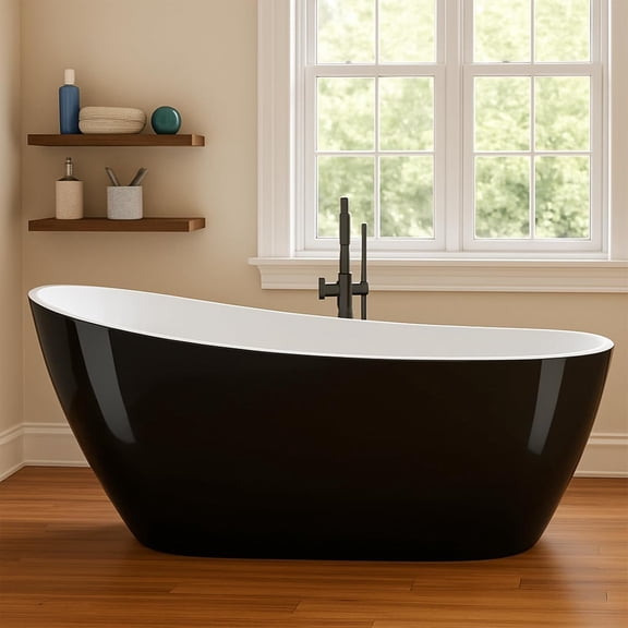 Senfot 67 Inch Acrylic Freestanding Bathtub, Deep Soaking Tub with Non Slip Base and Chrome Drain, Modern Design for Bathroom, Black