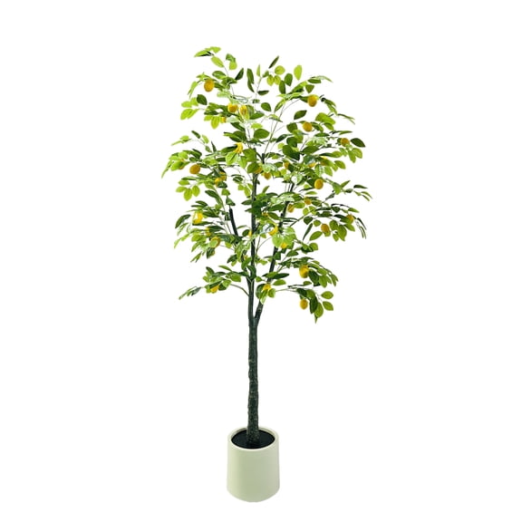 Senfot 6FT 180CM Single Stem Three-Fork Artificial Lemon Tree Plastic Faux Citrus Plant with White Explosion-Proof Pot Large Floor Ornament for Living Room Office Indoor Decor