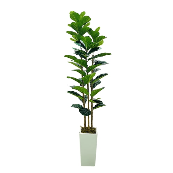Senfot 6FT 180CM Three-Stem Artificial Fiddle Leaf Fig Tree Plastic with Natural Wood Trunk Moss Decor White Explosion-Proof Pot Realistic Large Faux Plant for Home Office
