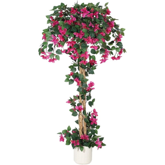 Senfot 6FT Artificial Double Stem Double Vine Bougainvillea Tree Realistic Blooming Faux Flower Plant Weather Resistant Low Maintenance Floor Ornament for Indoor Outdoor Garden