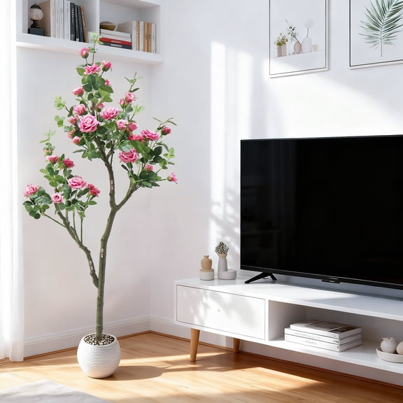 Senfot 6FT Fuchsia Artificial Rose Tree Silk Cloth Plastic Lifelike Blooming Faux Floral Plant with White Striped Elliptical Pot Low Maintenance Home Outdoor Decor