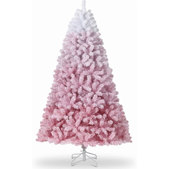 Senfot 7.5 FT Pre-lit Artificial Christmas Tree with 100 Warm White LED Lights, Snow Flocked Christmas Tree with Metal Stand and 300 Branch Tips, Indoor Outdoor Christmas Decoration, Pink Gradient
