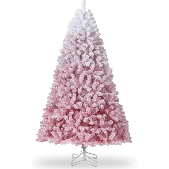 Senfot 7.5 FT Pre-lit Artificial Christmas Tree with 100 Warm White LED Lights, Snow Flocked Christmas Tree with Metal Stand and 300 Branch Tips, Indoor Outdoor Christmas Decoration, Pink Gradient