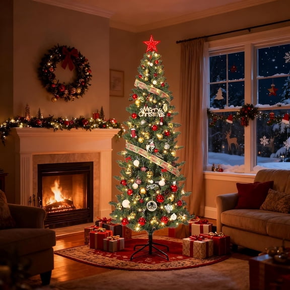 Senfot 7.5FT Pre-Lit Christmas Tree with 600 LED Lights, PE & PVC Hinged Xmas Tree with Metal Stand, Easy Assembly, Ideal Holiday Decoration for Home, Office, Porch