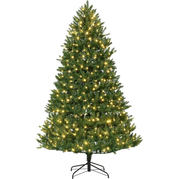 Senfot 7.5FT Pre-Lit Christmas Tree with 600 LED Lights, PE & PVC Hinged Xmas Tree with Metal Stand, Easy Assembly, Perfect Holiday Decoration for Home, Office, Porch