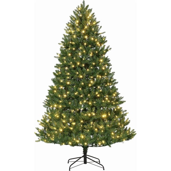 Senfot 7.5FT Pre-Lit Christmas Tree with 600 LED Lights, PE & PVC Hinged Xmas Tree with Metal Stand, Easy Assembly, Perfect Holiday Decoration for Home, Office, Porch