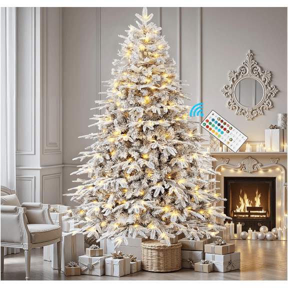 Senfot 7.5ft Soft PE Snow Flocked Wide PVC Christmas Tree Lifelike Dense branch Farmhouse Indoor Holiday Home Decor