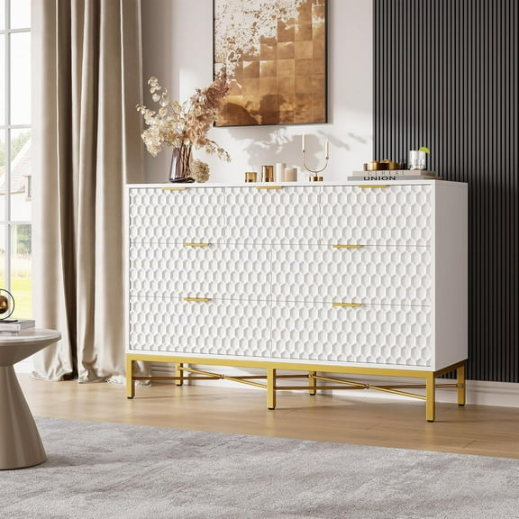 Senfot 7 Drawer Dresser for Bedroom, Modern Honeycomb Pattern Chest of Drawer with Strong Metal Legs, Tall Wooden Dresser, White Storage Organizer for Living Room, Hallway,Entryway