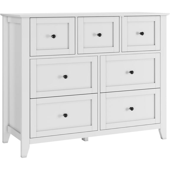 Senfot 7 Drawer Dresser for Bedroom, Wooden Closet Dressers Storage Organizer,Wide Modern Chest of Drawers with Strong Legs,for Living Room, Entryway, Hallway, White