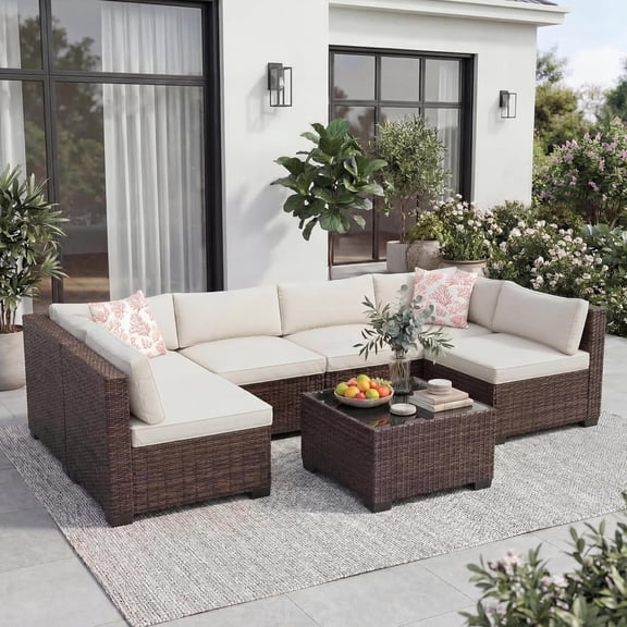 Senfot 7-Piece Outdoor Patio Furniture Sofa Set, Sturdy Steel Frame, Modular Sectional Couch for Backyard Garden Poolside Lawn Brown Beige