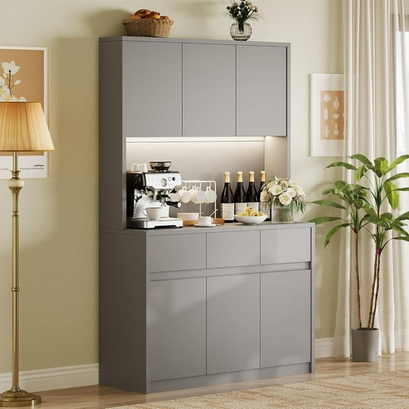 Senfot 70" Gray Pantry Cabinet with Charging Station and Open Countertop, Tall Kitchen Storage Unit with Microwave Stand, 3 Drawers, Adjustable Shelves, Ideal for Dining Room