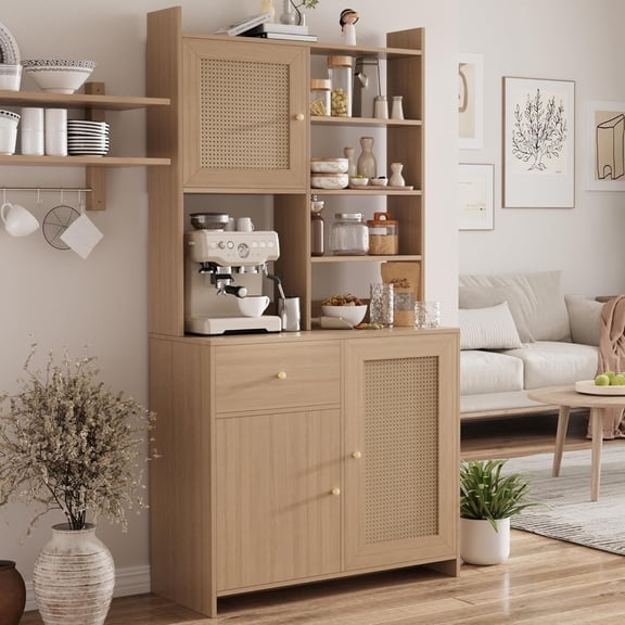 Senfot 71" Farmhouse Kitchen Pantry Storage Cabinet with Microwave Stand, 3 Rattan Doors Natural