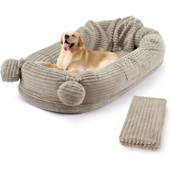 Senfot 71" Human Sized Dog Bed with Plush Blanket 2 Side Storage Pockets Portable Handle Removable Washable Cover Luxury Faux Fur Large Pet Bed for Adults Brown