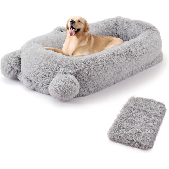 Senfot 71" Human Sized Dog Bed with Plush Blanket 2 Side Storage Pockets Portable Handle Removable Washable Cover Luxury Faux Fur Large Pet Bed for Adults Gray