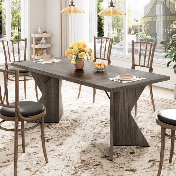 71" Rectangular Dining Table for 6, Rustic Farmhouse Tall Kitchen Table with Large Tabletop, Long Wooden Dining Room Table with Heavy Duty Legs, Grey