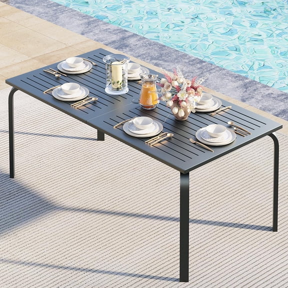 Senfot 71x35in Outdoor Rectangular Dining Table, 8-Person Aluminum with Umbrella Hole Gray