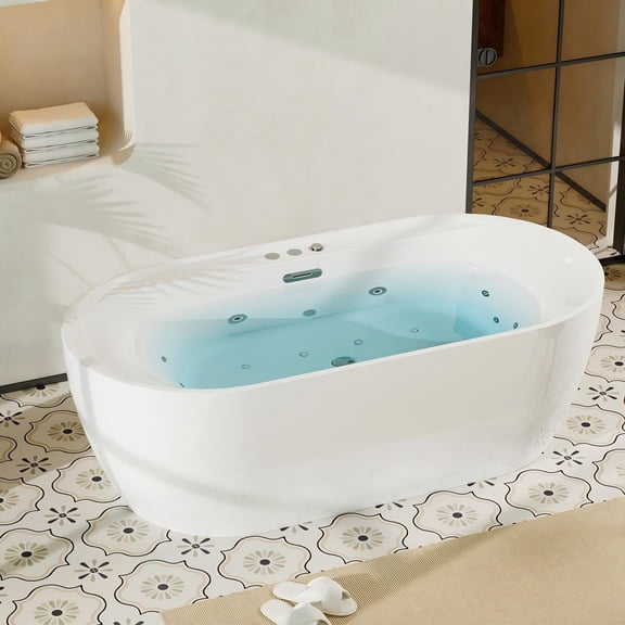 Senfot 71x35x23 Inch Acrylic Whirlpool Bathtub with Bubble Massage Function- Constant Temperature Heating System- Digital Computer Control Panel- Glossy White Soaking Tub