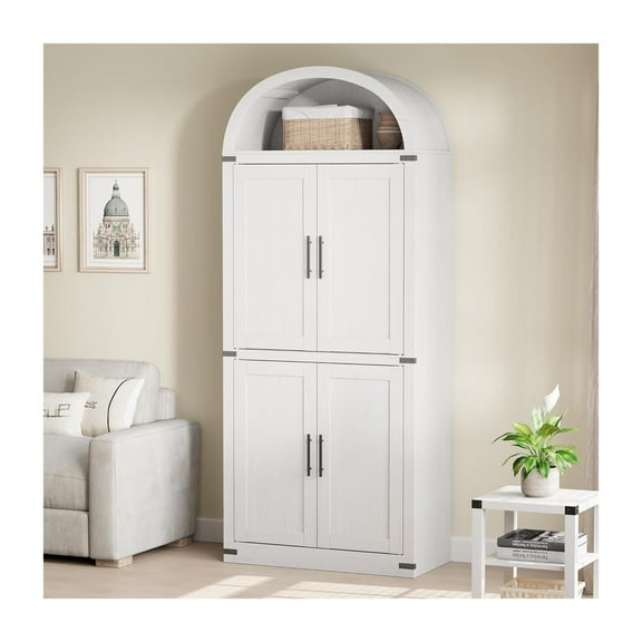 Senfot 72" Tall Arched Bookshelf Cabinet, Freestanding Storage Organizer,Modern Farmhouse Wood Bookcase with 4 Doors & Open Shelf, for Living Room or Bedroom, White