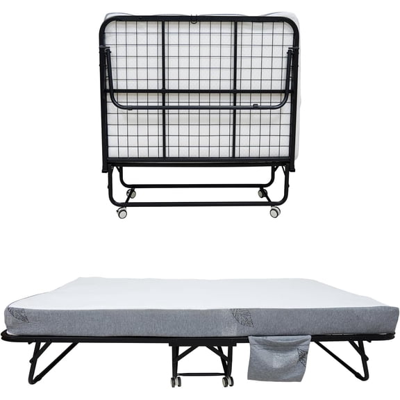 Senfot 75" x 31" Folding Bed with Mattress, Portable Rollaway Bed with 5" Memory Foam Mattress, Metal Frame on Wheels for Adults, Space-Saving Guest Bed