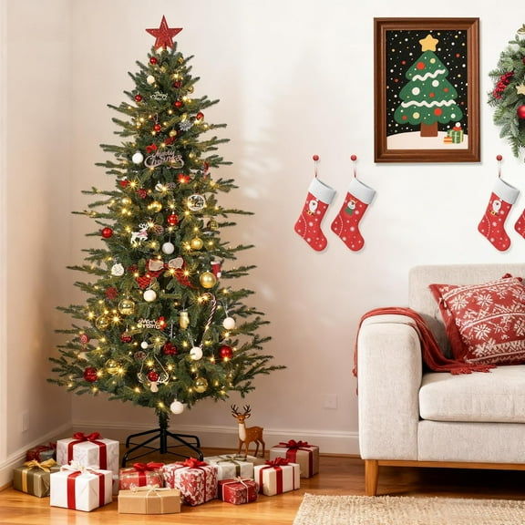 Senfot 7FT Pre-Lit Christmas Tree with 500 LED Lights, PE & PVC Hinged Xmas Tree with Metal Stand, Easy Assembly, Perfect Holiday Decor for Home, Office, Porch