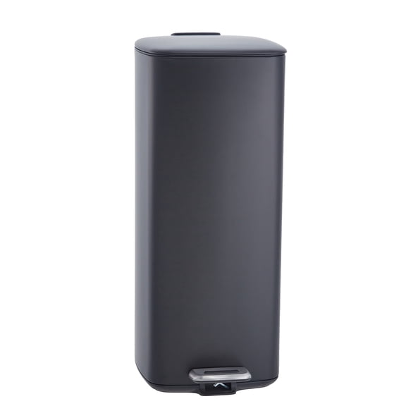 Senfot 8 Gallon Kitchen Trash Can, Stainless Steel Garbage Can with Lid & Inner Bucket, Step-On Square Bin for Home Office - Black