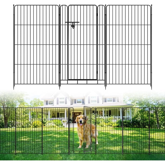 Senfot 8 Pack Wide Frame Metal Garden Border Fence With Gate 48in x27in Weather Resistant Rustproof Outdoor Lawn Enclosure Panel