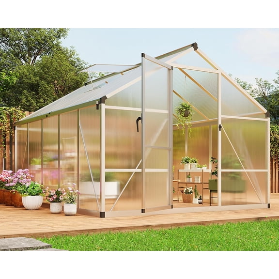 Senfot 8 x 10ft Greenhouse Easy Assembly Aluminum Polycarbonate Greenhouses for Outdoors with Roof Vent Ground Nails Heavy Duty Walk-in Clear
