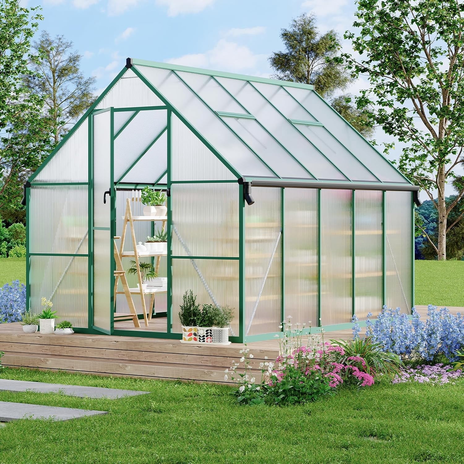 Senfot 8 x 10ft Walk-in Greenhouse Heavy-Duty Aluminum Frame Polycarbonate Panels Quick Setup Roof Vent Large Outdoor Greenhouse Kit for Garden Backyard Green
