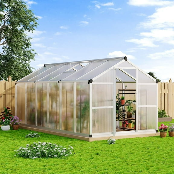 Senfot 8 x 12ft Greenhouse Easy Assembly Aluminum Polycarbonate Greenhouses for Outdoors with Roof Vent Ground Nails Heavy Duty Walk-in Clear