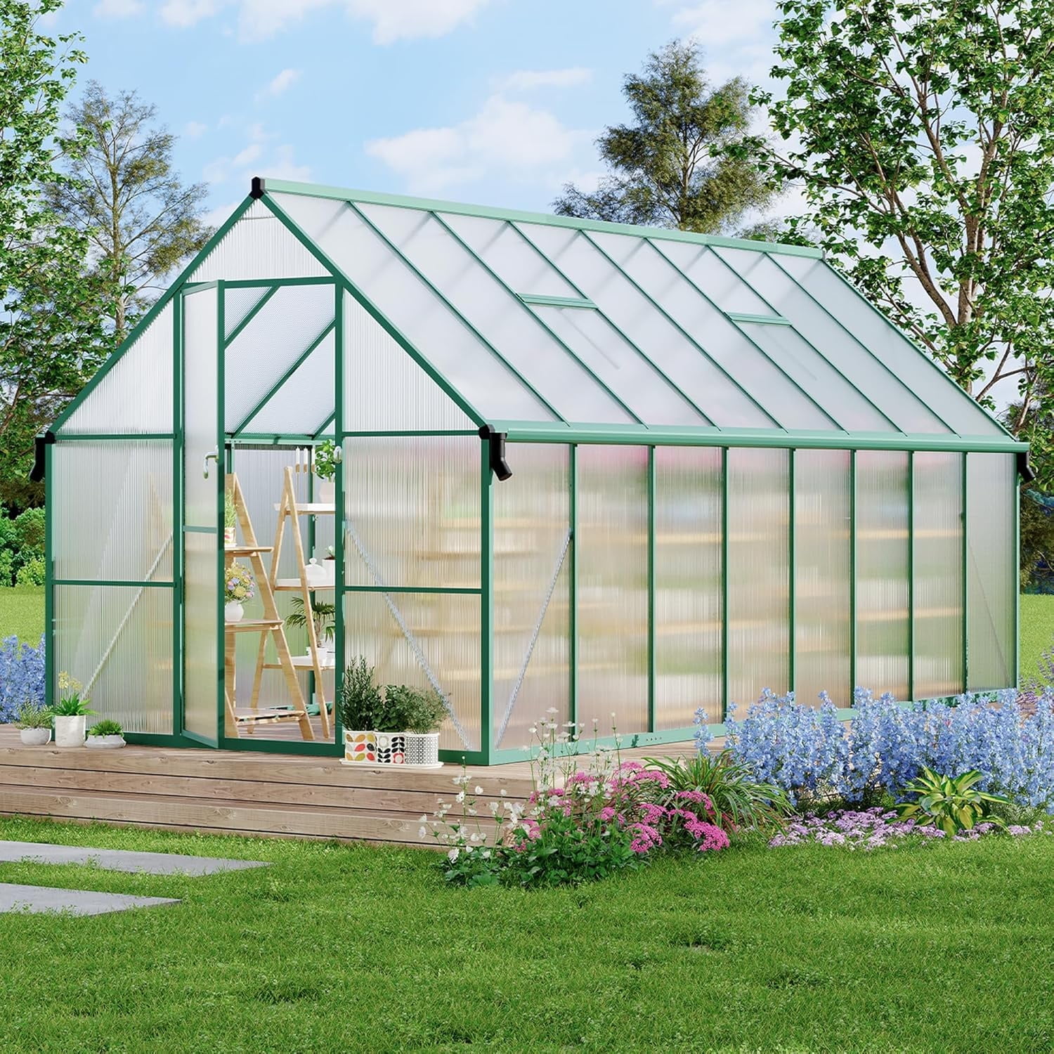 Senfot 8 x 16ft Walk-in Greenhouse Heavy-Duty Aluminum Frame Polycarbonate Panels Quick Setup Roof Vent Large Outdoor Greenhouse Kit for Garden Backyard Green