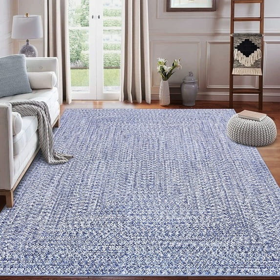 Senfot 8'x10' Braided Print Area Rug, Machine Washable Non-Slip Low Pile Farmhouse Solid Carpet for Bedroom, Living Room, Dining Room, Light Blue