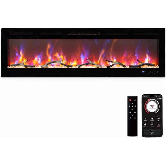 Senfot 88" Smart Electric Fireplace Wall Mounted/Recessed, WiFi Remote & Touch Control, 750W/1500W Dual Heat, Adjustable Flame Timer Log Crystal Decor
