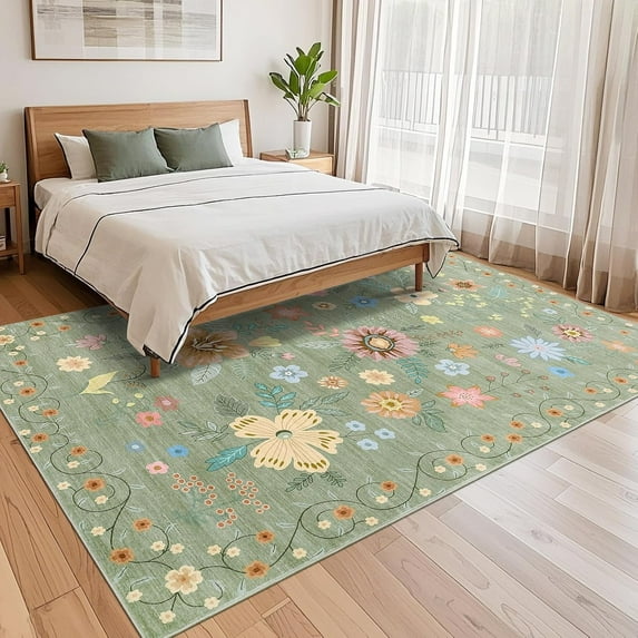 Senfot 8x10 Area Rugs,Kitchen Floral Runner Rugs Runners for Bedroom Hallway, Soft Ultra-Thin Indoor Low Pile Flower Carpet with Non Slip Backing Green