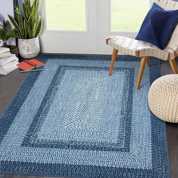 Senfot 8x10 Farmhouse Braided Print Washable Non Slip Area Rug for Living Room Bedroom Geometric Border Carpet Gray Blue