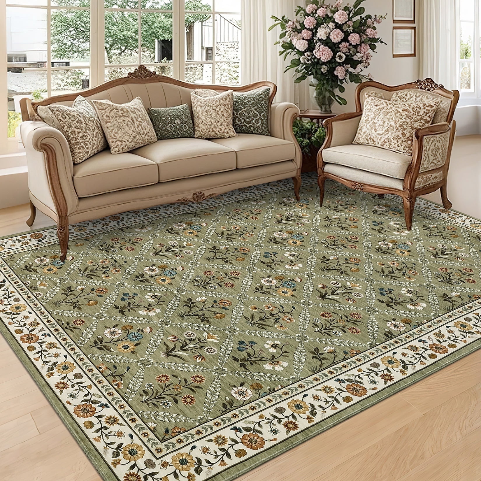 Senfot 8x10 Floral Print Area Rug Machine Washable Non-Slip Stain Resistant Low Pile Bordered Farmhouse Rug for Living Room Bedroom Home Office Green