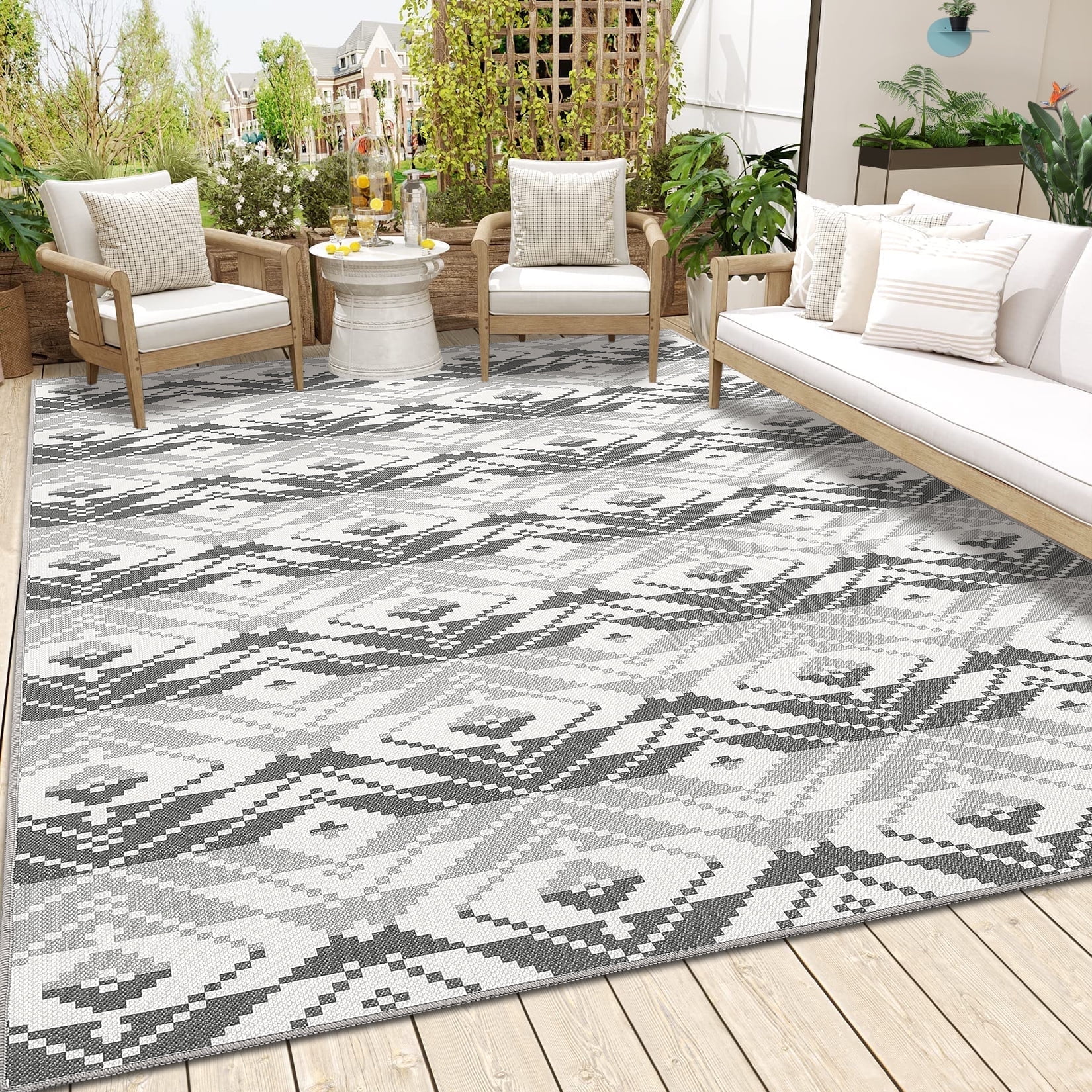 Senfot 8x10 Indoor Outdoor Area Rug Waterproof Modern Print Pattern Non-Slip Floor Carpet Stain Resistant for Patio Backyard Living Room Black White