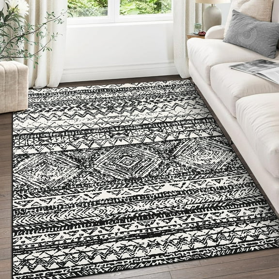 Senfot 8x10 Large Rugs for Bedroom Living Room, Stain-Resistant Low Pile Indoor Carpet, Boho Dining Room Rug, Modern Geometric Floor Mats for Living Room Black