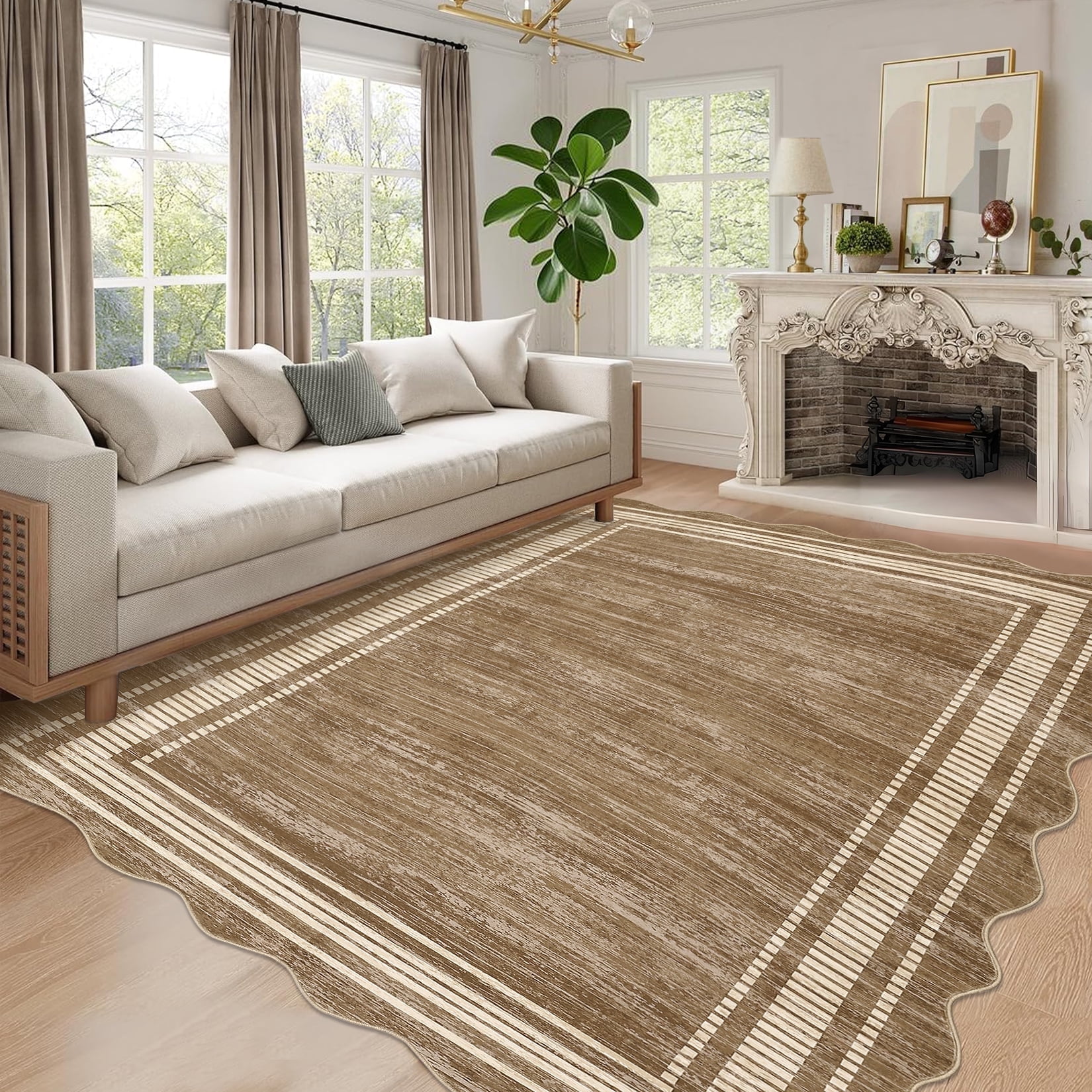 Senfot 8x10 Modern Bordered Abstract Scalloped Area Rug Non-Slip Low Pile Stain Resistant Indoor Rug for Bedroom Dining Office Camel
