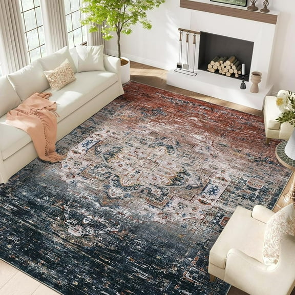 Senfot 8x10 Vintage Distressed Washable Area Rug for Living Room, Non-Slip Ultra-Thin Soft Bedroom Carpet, Large Soft Rug for Dining Room, Low Pile Non-Slip Indoor Area Rug for Bedroom Blue Orange