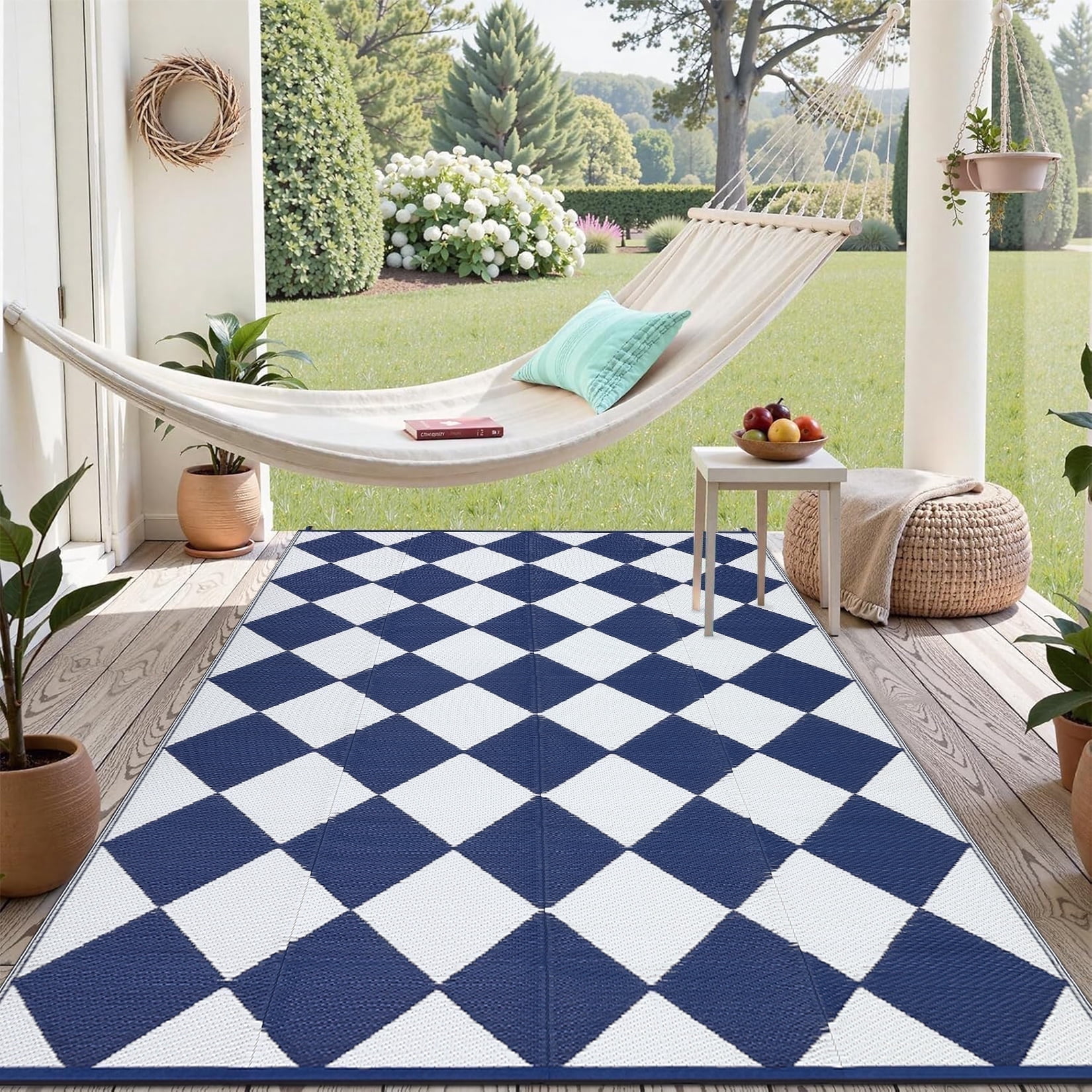 Senfot 8x10 Waterproof Portable Outdoor Rug, Modern Geometric Plastic Carpet for Patio Camping Deck Backyard Porch Decor with Storage Bag Blue and White