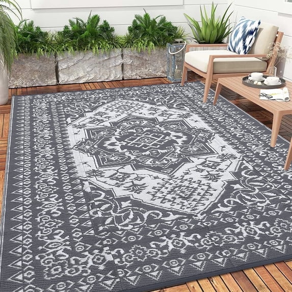 Senfot 8x10 Waterproof Reversible Plastic Straw Indoor Outdoor Area Rug for Patio RV Camping Balcony Deck Backyard Gray and White