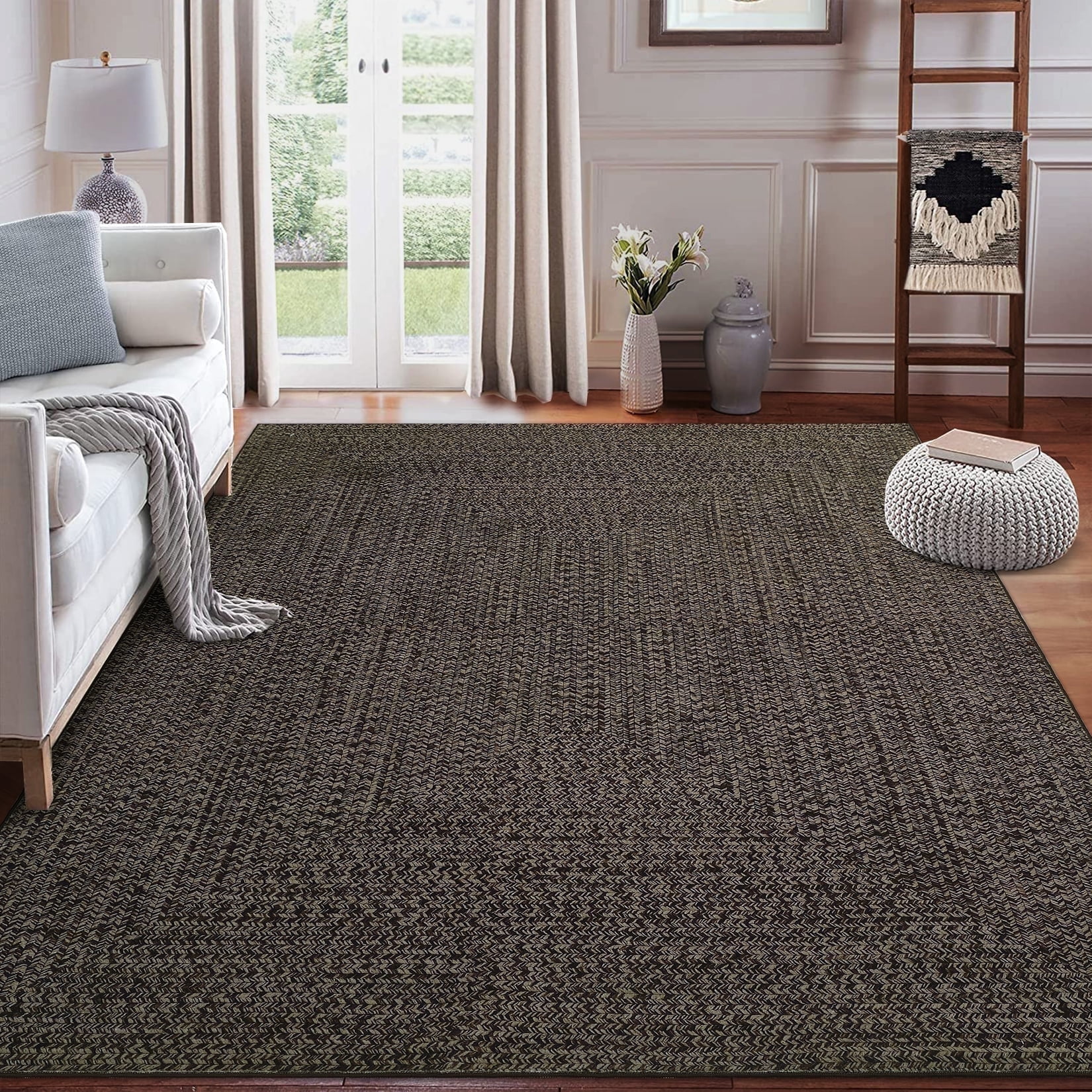 Senfot 9'x12' Large Area Rug, Braided Print, Machine Washable, Non-Slip, Low Pile, Solid Farmhouse Carpet for Bedroom, Living Room, Dining Room, Office, Brown