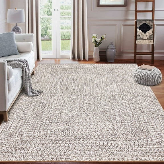 Senfot 9'x12' Large Braided Print Area Rug, Machine Washable Non-Slip Low Pile Carpet for Bedroom, Living Room, Office, Beige