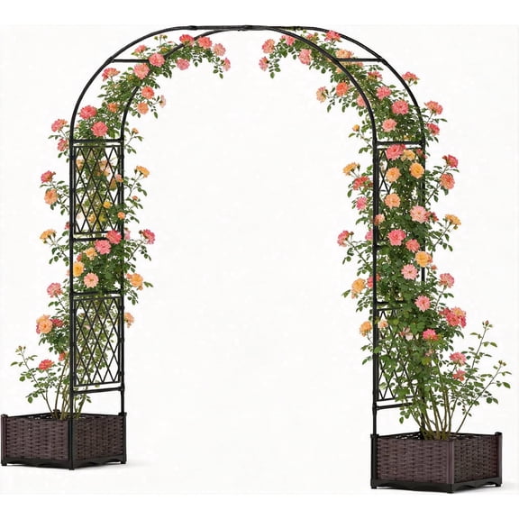 Senfot 90.55x15.75x86.61" Garden Arch Trellis with 2 Planter Boxes PE Coated Metal Arbor for Climbing Plants Black